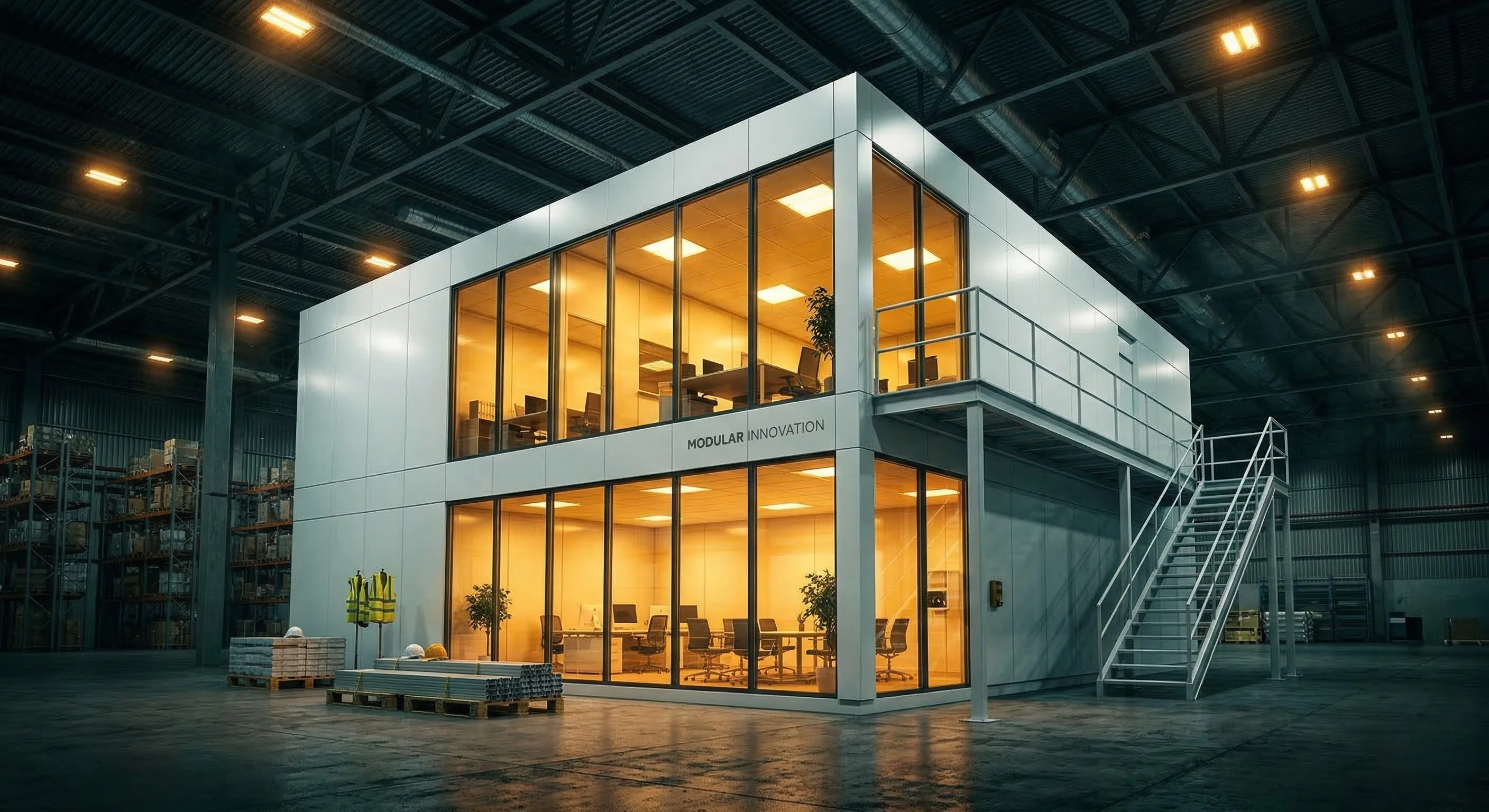 Open modular office with workers inside warehouse
