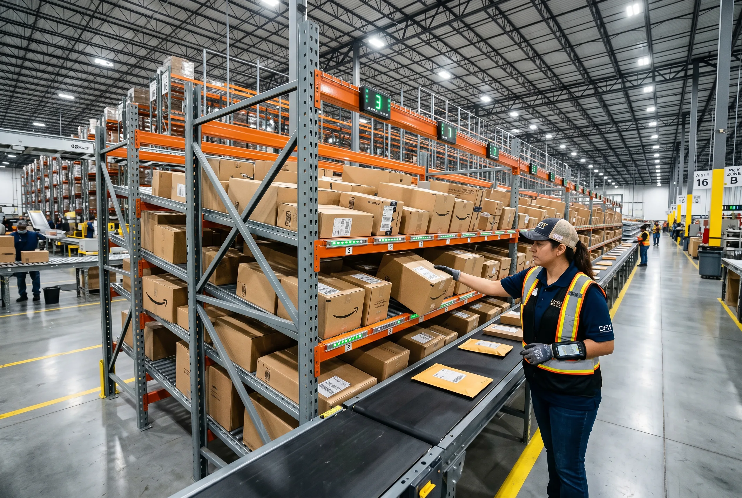 Multi-tier carton flow rack with skate-wheel tracks and warehouse operator picking cases in a Richmond, VA fulfillment center
