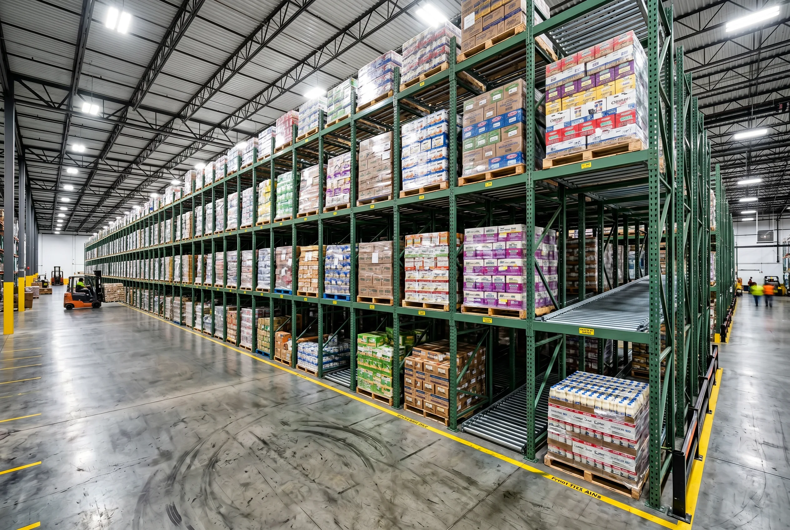 Deep-lane pallet flow rack with gravity rollers in a Richmond, VA refrigerated distribution center