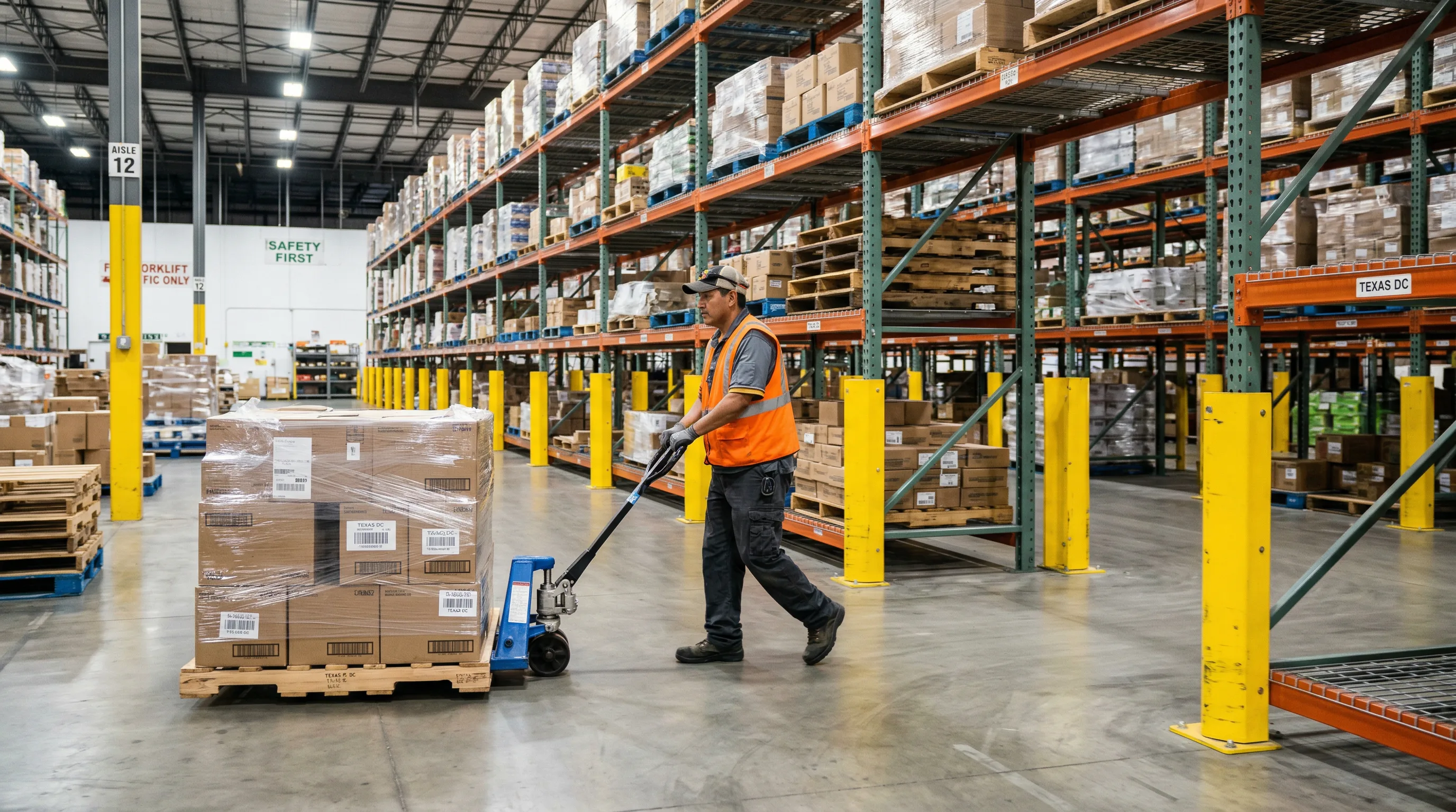 Material handling equipment including forklifts in a warehouse setting